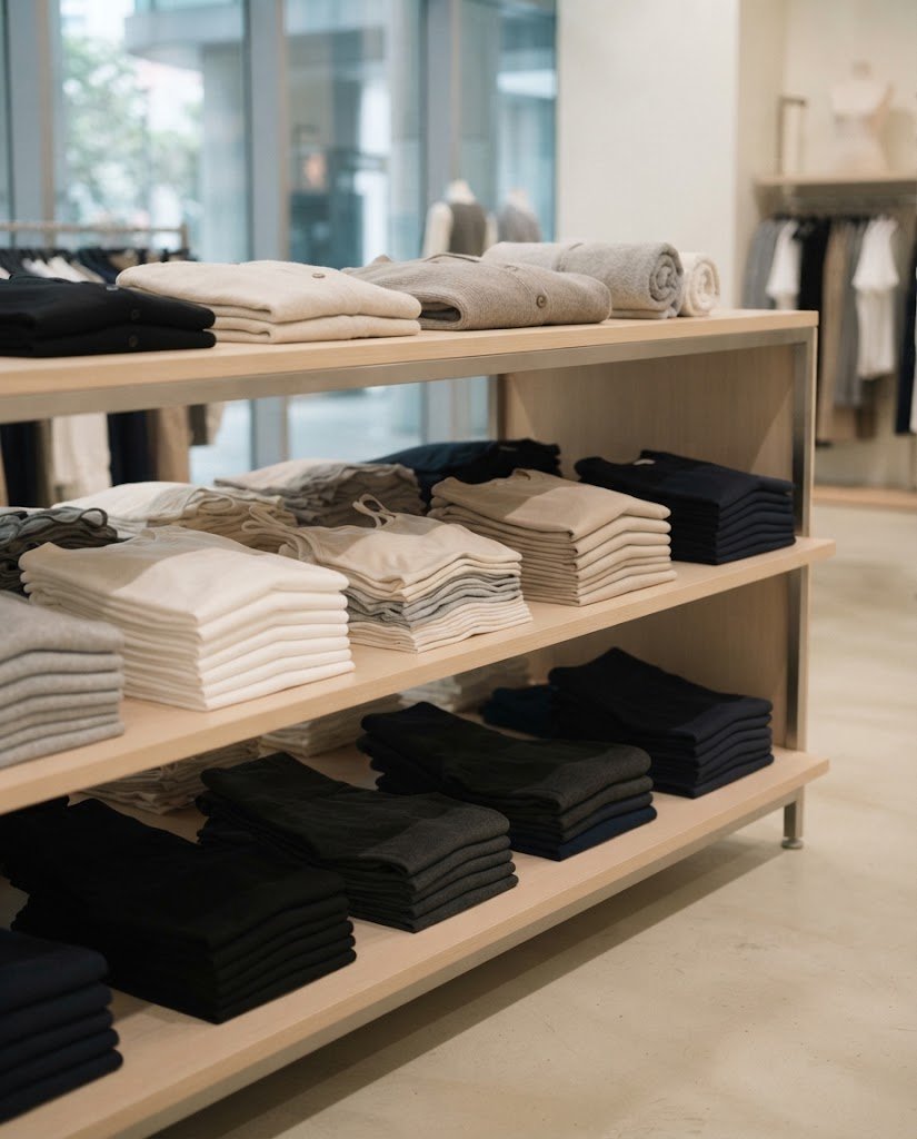 Neatly folded everyday basics such as plain tees and camisoles