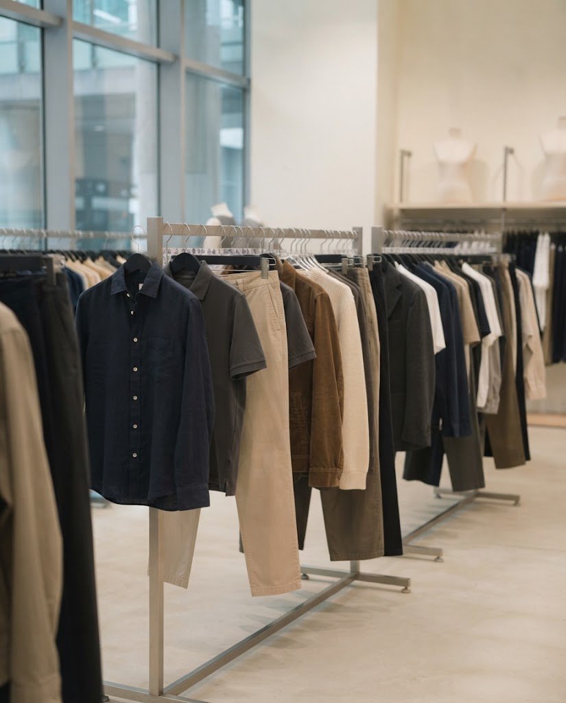 Men's apparel display with shirts, polos and chinos