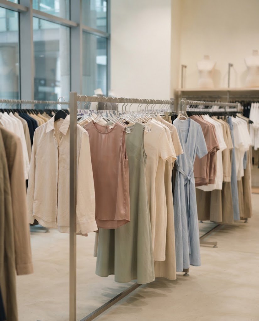 Women's apparel display with tops, blouses and dresses in mixed sizes